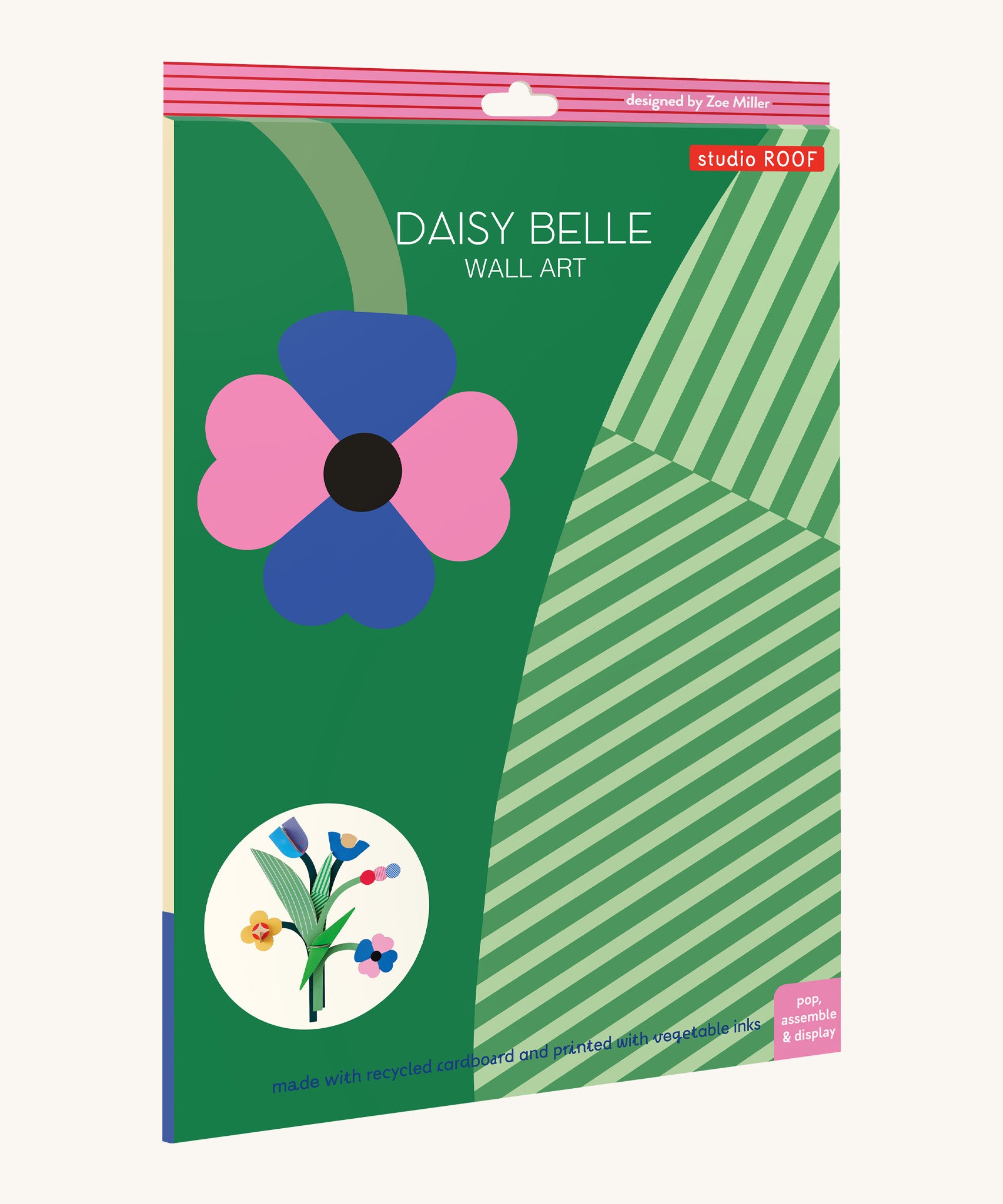 The bright and retro style cardboard packing for the daisy belle wall decoration available at Babipur