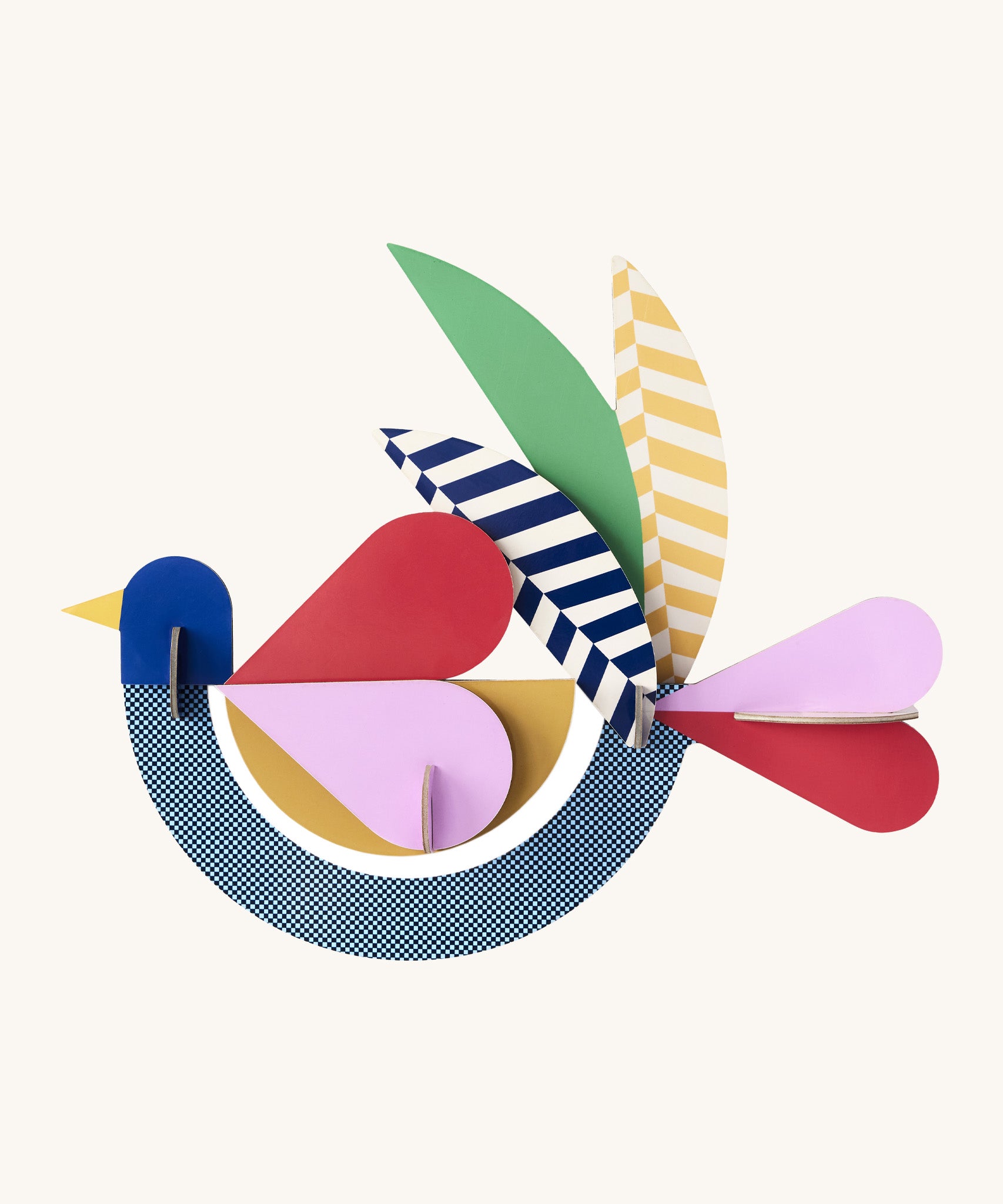 A bright and retro style feathery bird wall decoration available at Babipur. A Studio roof collaboration with artist Zoe Miller.
