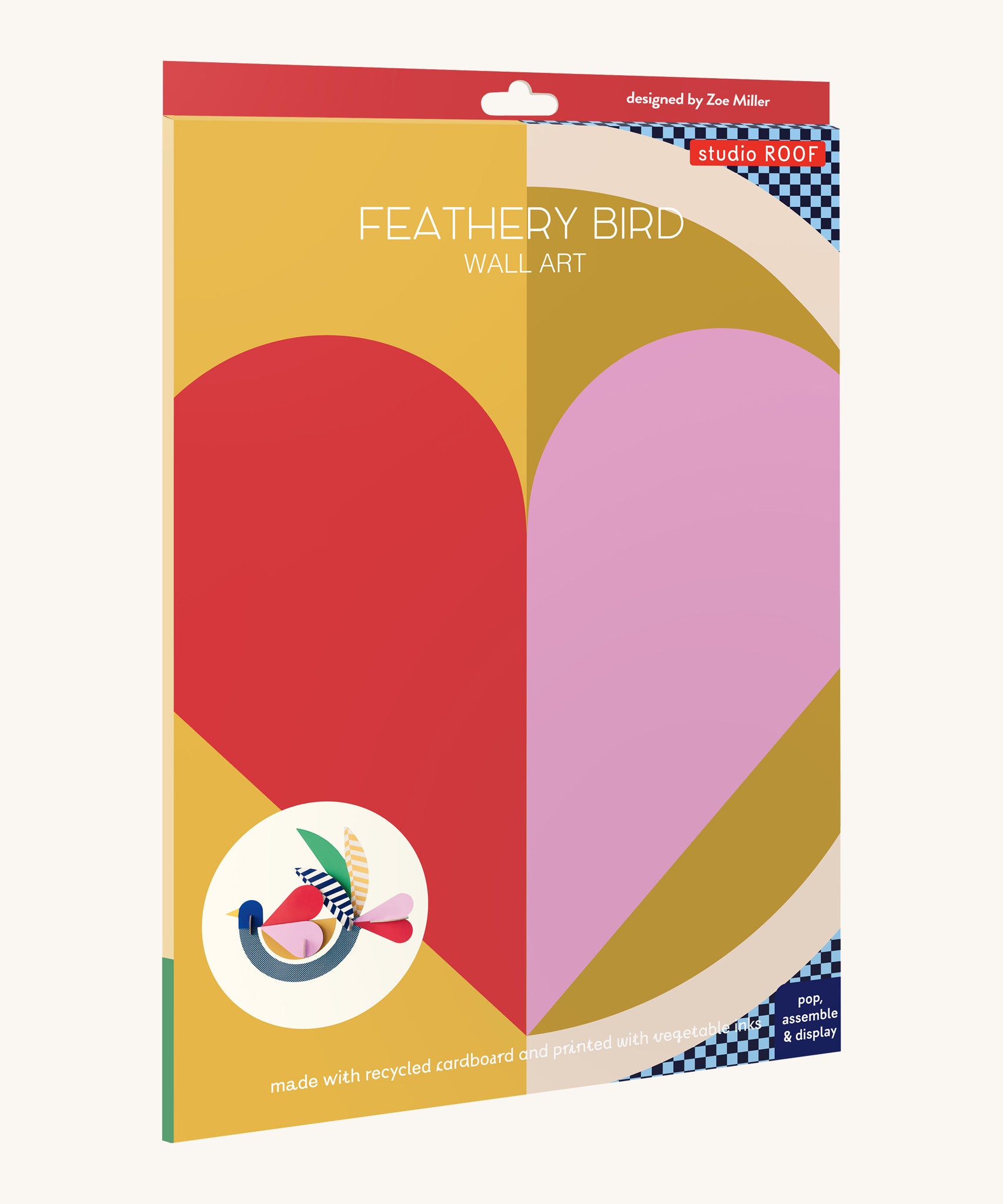 The bright and retro style cardboard packing for the feathery bird wall decoration available at Babipur