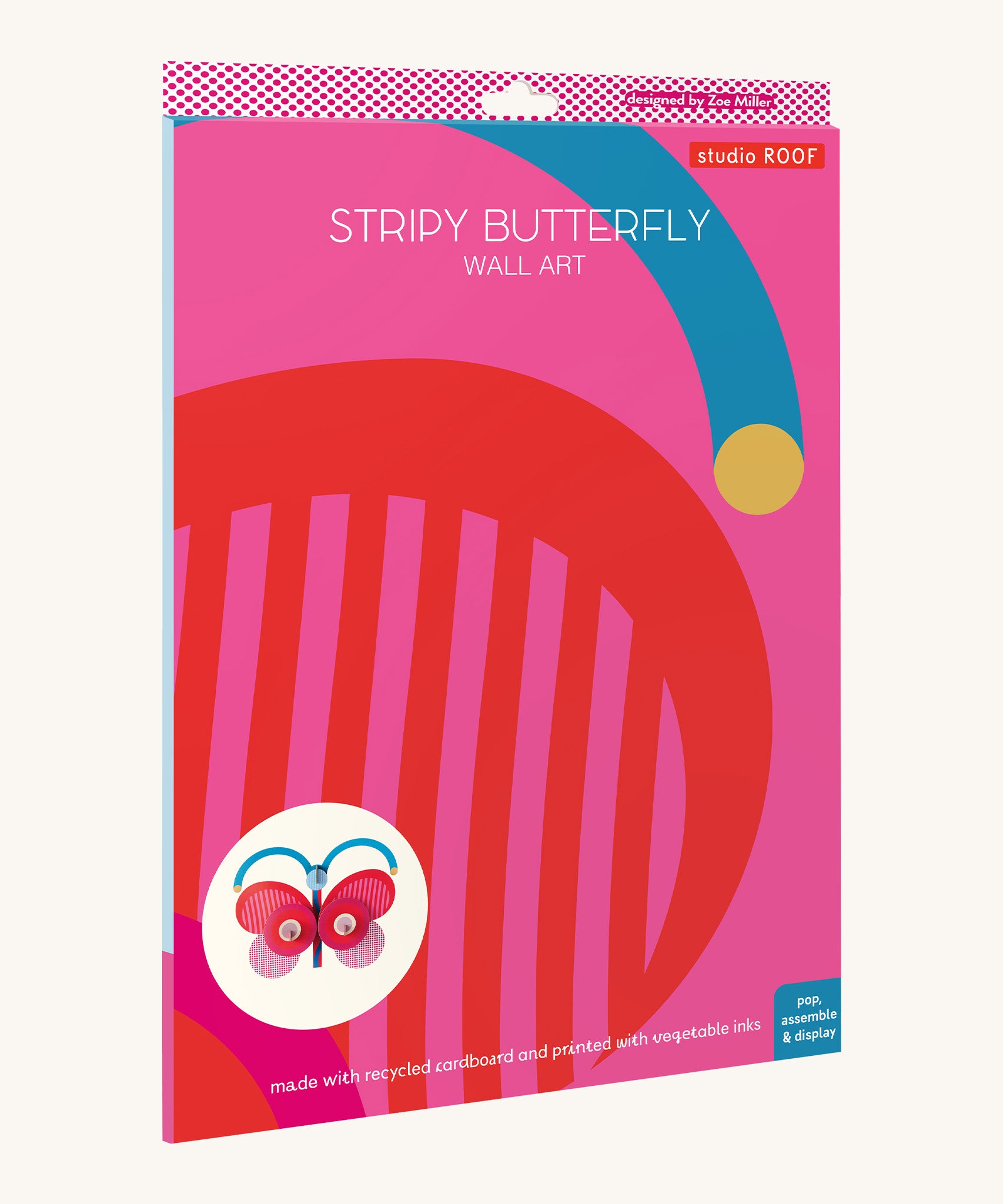 The bright and retro style cardboard packing for the Stripy butterfly wall decoration available at Babipur
