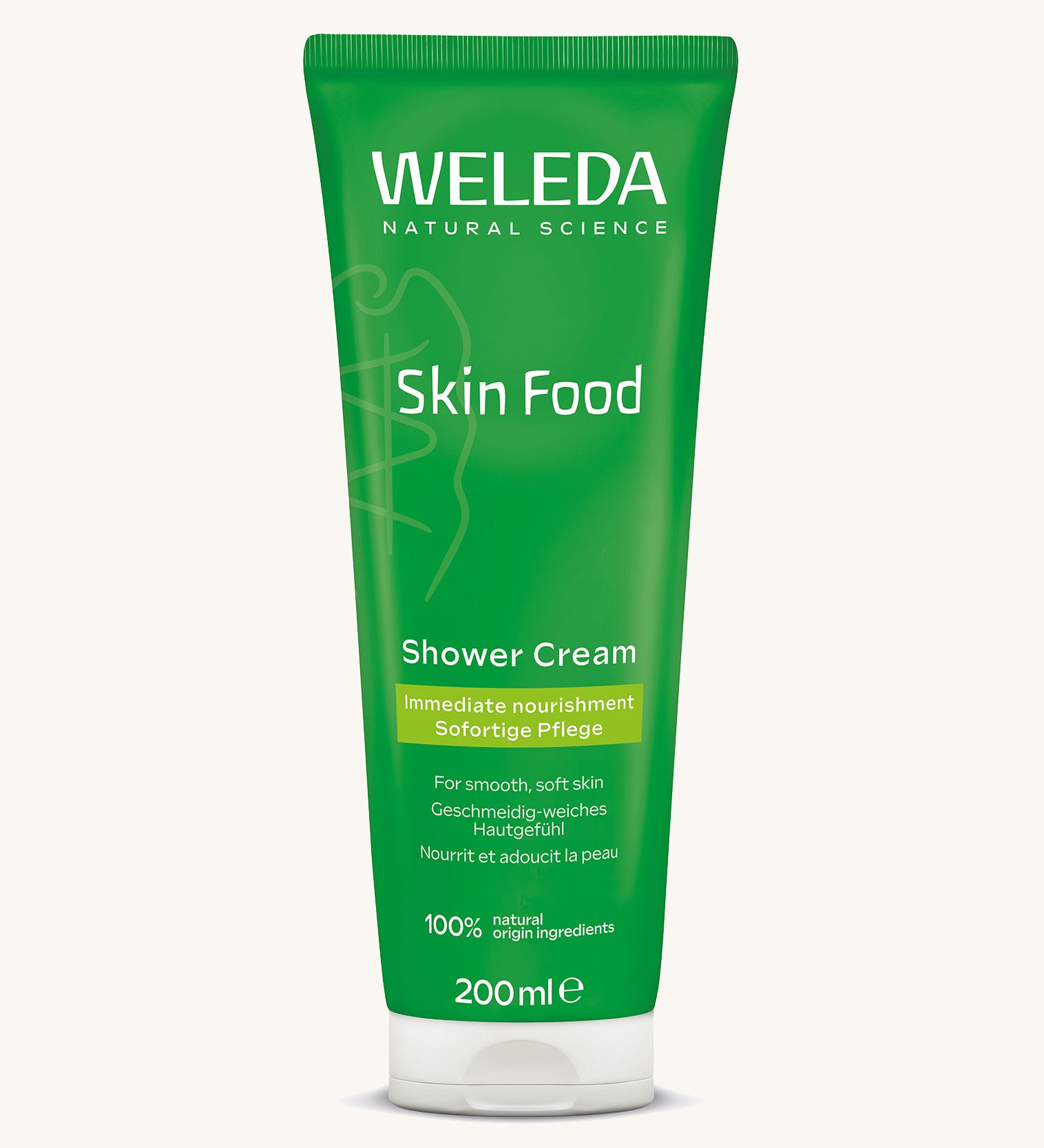 Weleda skin food shower cream available at Babipur. A 200ml green bottle with brand logo o the top