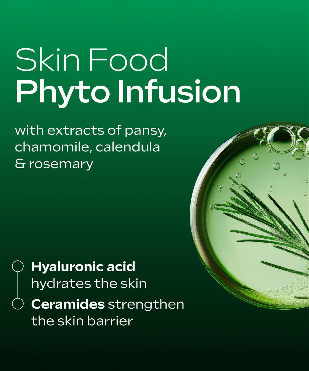 A graphic showing the extracts and benefits of the Weleda skin food super serum available at Babipur.