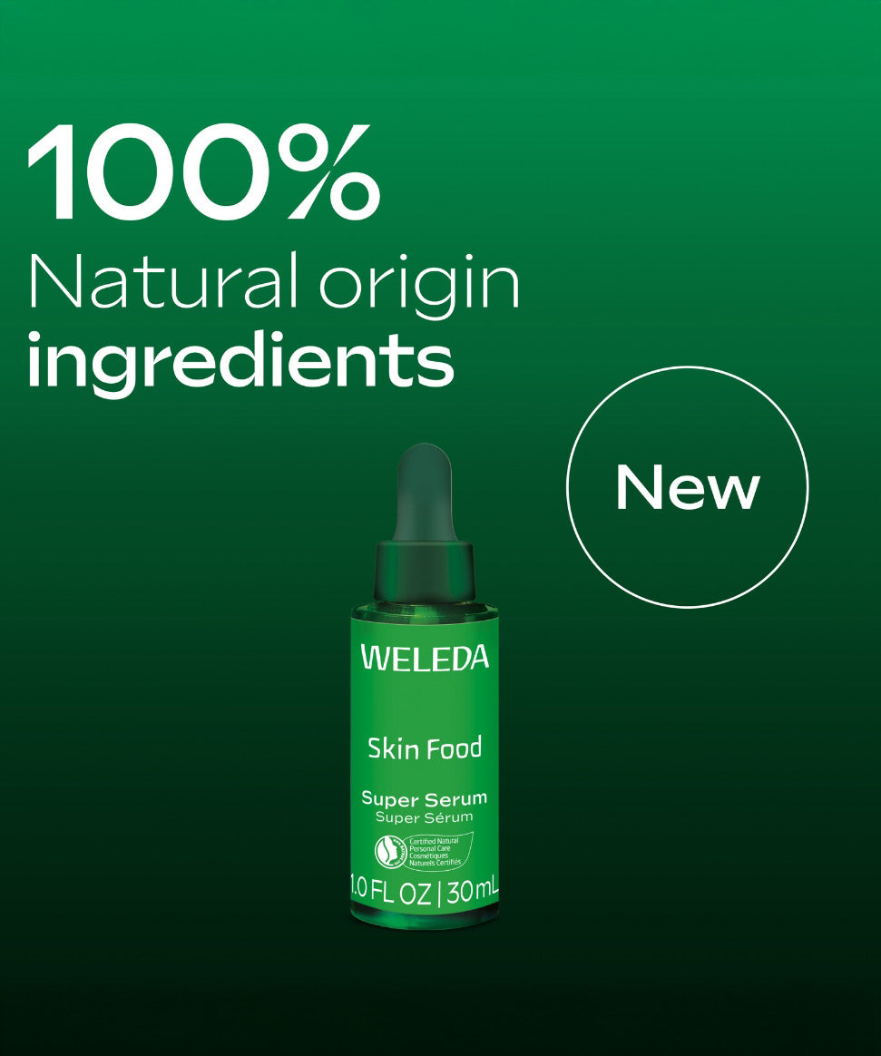 A graphic showing the Weleda skin food super serum bottle and pipette that's available at Babipur.