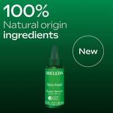 A graphic showing the Weleda skin food super serum bottle and pipette that's available at Babipur.