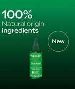 A graphic showing the Weleda skin food super serum bottle and pipette that's available at Babipur.