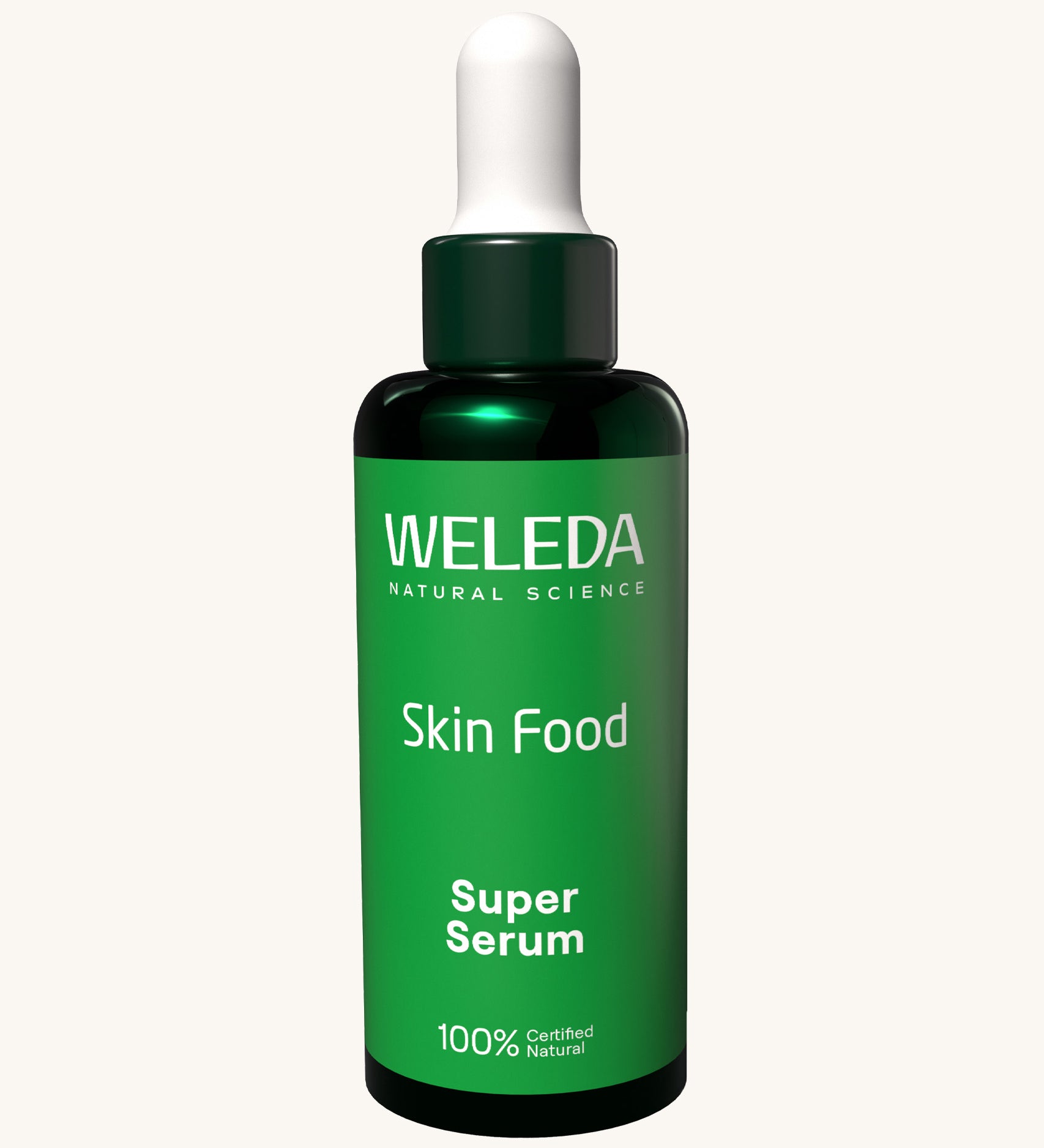 Weleda skin food super serum. A glass bottle with a pipette as a dispenser. Weleda have a range of luxurious, natural skin care items available at Babipur.