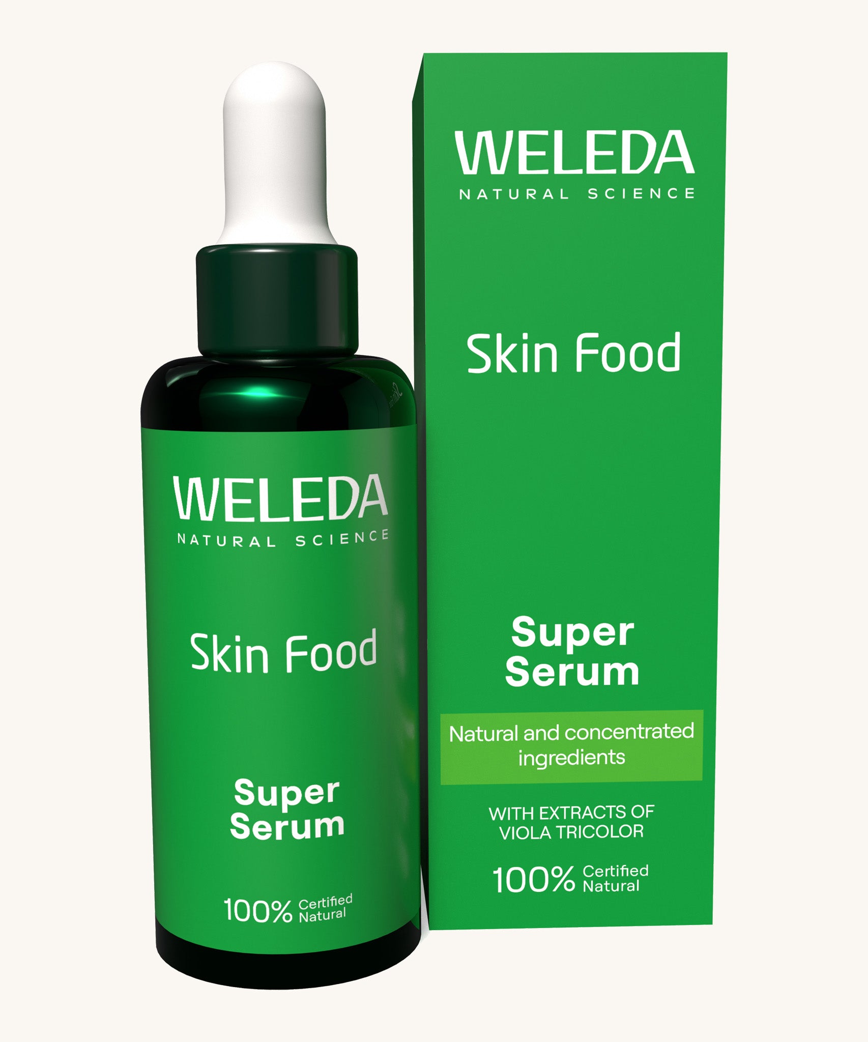Weleda skin food super serum. A glass bottle with a pipette as a dispenser. This serum is presented in a green box with white branding on the front. Weleda have a range of luxurious, natural skin care items available at Babipur.