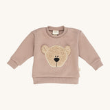 Wooly Organic embroidered sweater in pale blush pink /savannah available at Babipur. A soft GOTS organic cotton jersey sweater in light pink with a cute fluffy cream teddy bear on the front. Features popper fasteners on the shoulder for a easy fit