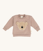 Wooly Organic embroidered sweater in pale blush pink /savannah available at Babipur. A soft GOTS organic cotton jersey sweater in light pink with a cute fluffy cream teddy bear on the front. Features popper fasteners on the shoulder for a easy fit