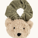 Wooly Organic velour scrunchy in olive green with a cute fluffy teddy attached in a cream colour available at Babipur.
