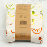A Slice Of Green set of 3 organic cotton muslin cloths in rainbow inspired designs. Comes in a recycled cardboard band.