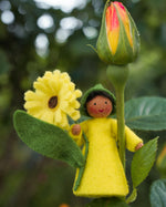Close up of a yellow calendula Ambrosius felt fairy doll on a yellow flower in front of a green background
