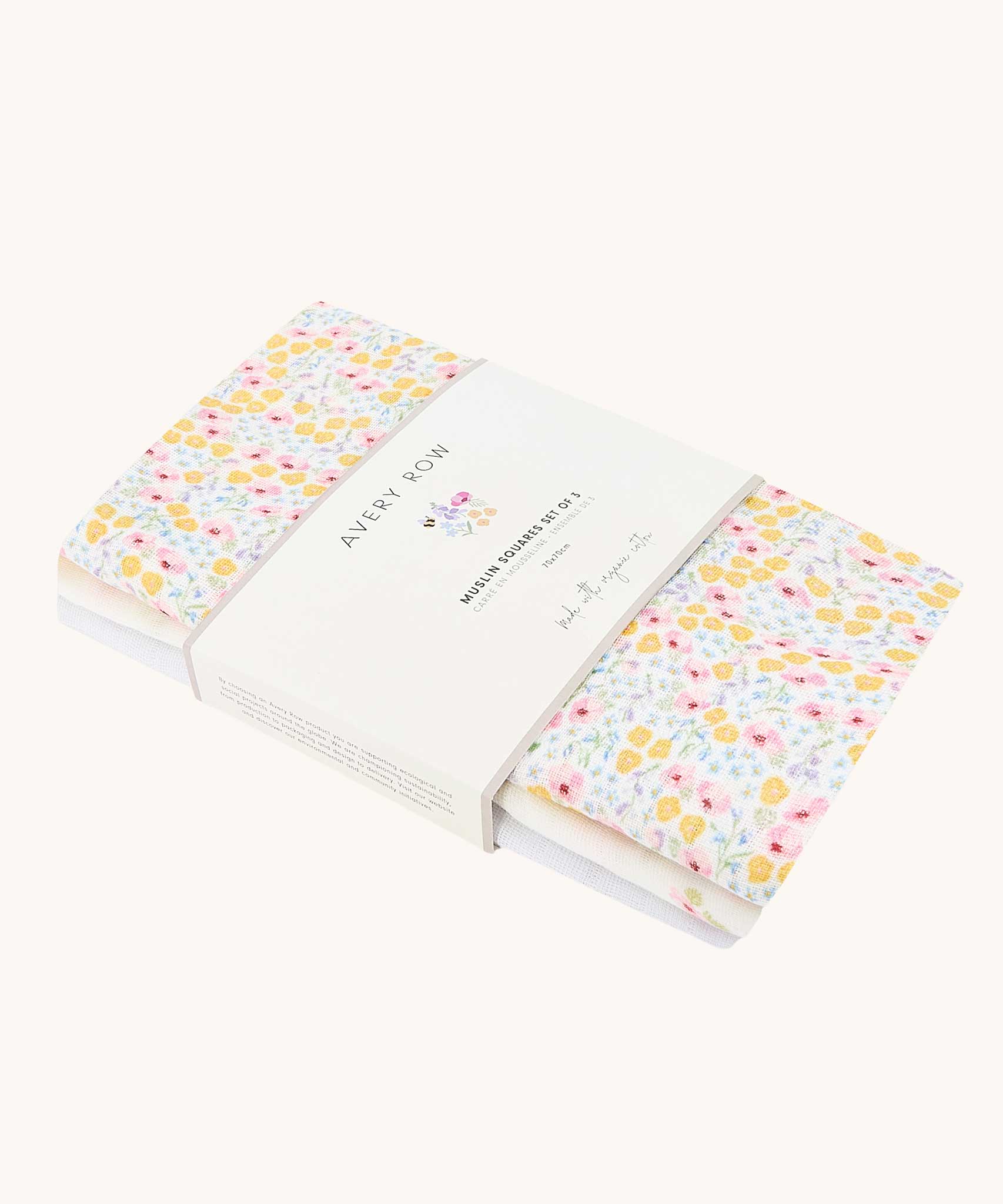 Avery Row Wildflower Baby Muslin Squares in a Set of 3. One cloth is plain white, one has delicate pink flowers and one has an all over floral wildflower design. Avery Row have a collection of stylish nursery and baby essentials available at Babipur.ipur.