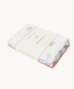 Avery Row Coastline Baby Muslin Squares in a Set of 3. The pack has one plain coral coloured cloth, one check blue and white waves design and one coastline print design. Avery Row have a range of stylish baby and nursery essential available here at babipur.