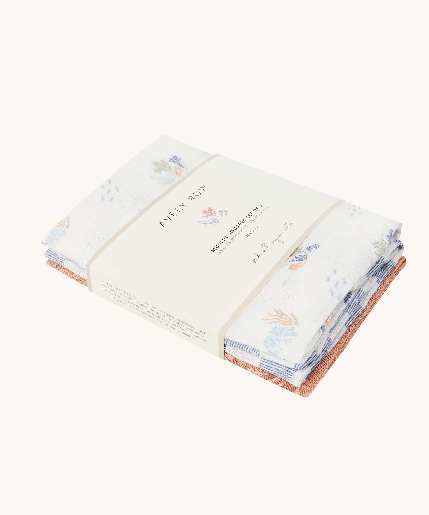 Avery Row Coastline Baby Muslin Squares in a Set of 3. The pack has one plain coral coloured cloth, one check blue and white waves design and one coastline print design. Avery Row have a range of stylish baby and nursery essential available here at babipur.