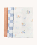 Avery Row Coastline Baby Muslin Squares in a Set of 3. The pack has one plain coral coloured cloth, one check blue and white waves design and one coastline print design. Avery Row have a range of stylish baby and nursery essential available here at babipur.