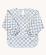 Avery Row Sleeved Bib with a check Waves design. This blue and white coloured bib has long sleeves with elasticated cuffs and features a pocket to help catch any food debris. We have a wide range of Avery Row stylish baby products available at Babipur.