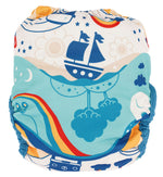 The back of The Close Pop-In x Babipur exclusive reusable nappy wrap, in a Babipur World print