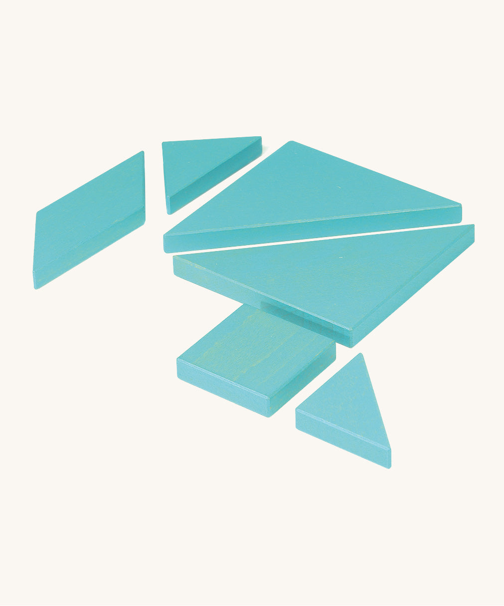 Bajo tangram puzzle set showing 7 blue wooden pieces in different geometric shapes