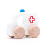 The ambulance from the Bajo emergency vehicle set. These heirloom quality toys by Bajo are part of a wide range of wooden toys available here at Babipur.