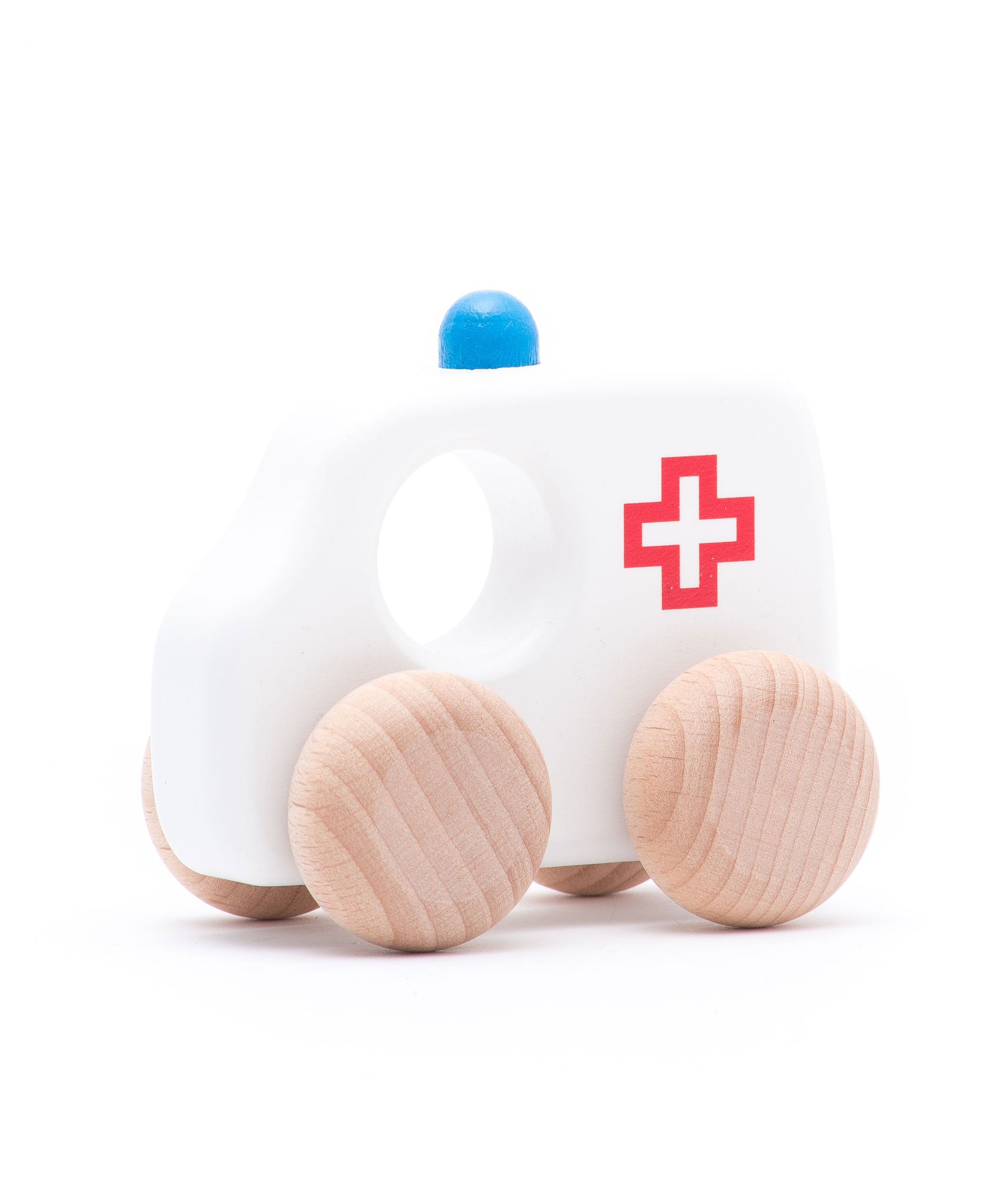 The ambulance from the Bajo emergency vehicle set. These heirloom quality toys by Bajo are part of a wide range of wooden toys available here at Babipur.
