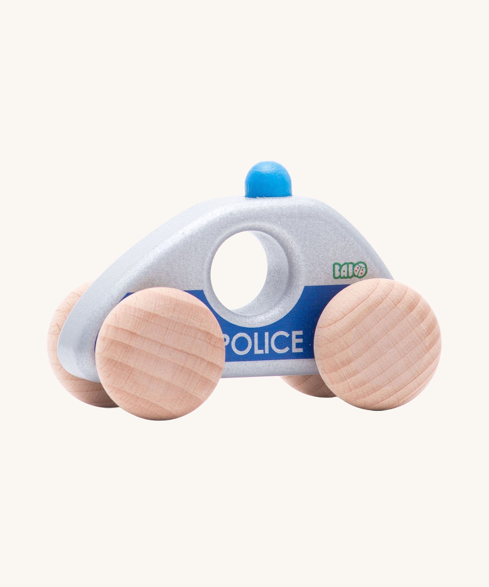 The police car from the Bajo emergency vehicle set. These heirloom quality toys by Bajo are part of a wide range of wooden toys available here at Babipur.