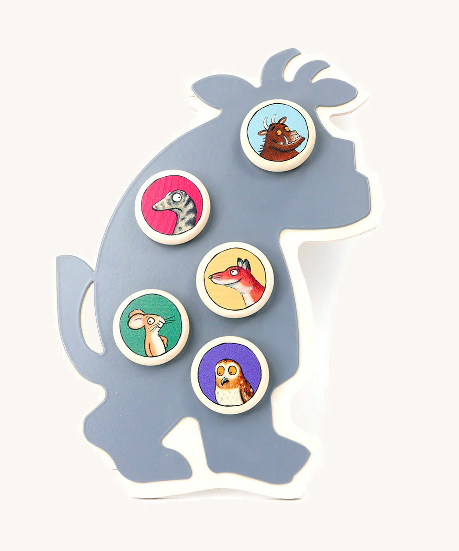 Bajo wooden gruffalo magnet board with the different wooden character magnets on the board including the gruffalo, snake, fox, mouse and owl available at Babipur.