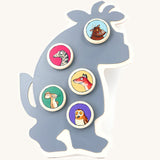 Bajo wooden gruffalo magnet board with the different wooden character magnets on the board including the gruffalo, snake, fox, mouse and owl available at Babipur.