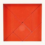 Bajo tangram puzzle set showing 7 red wooden pieces in different geometric shapes