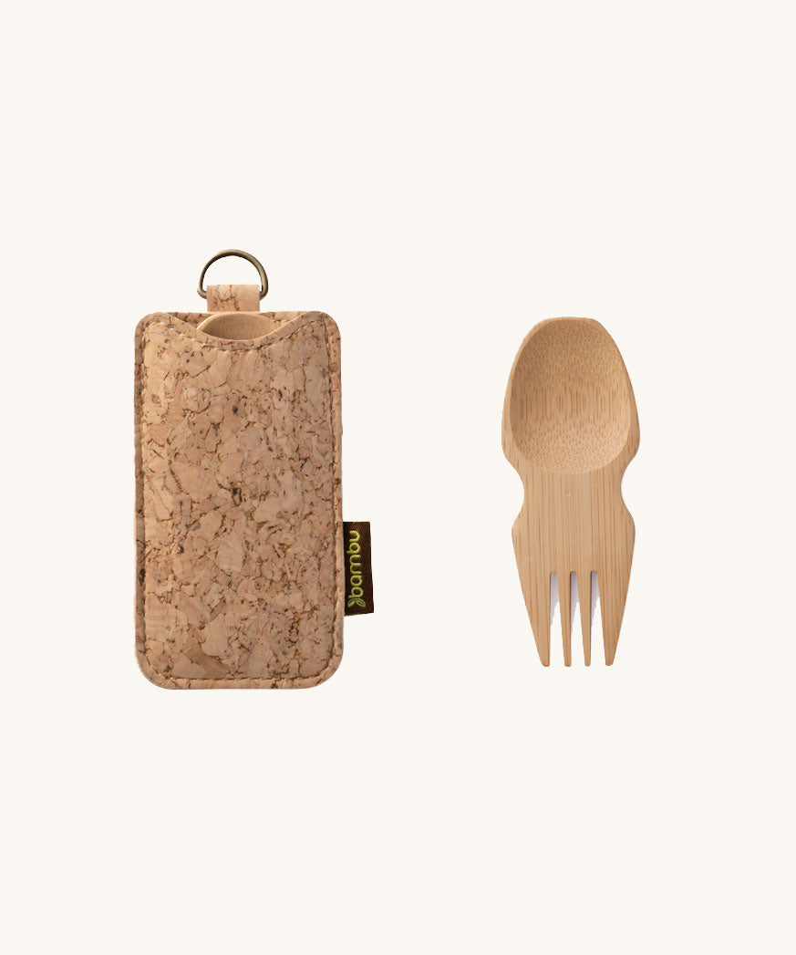 The Bambu Bamboo spork pictured next to the cork case that is included.