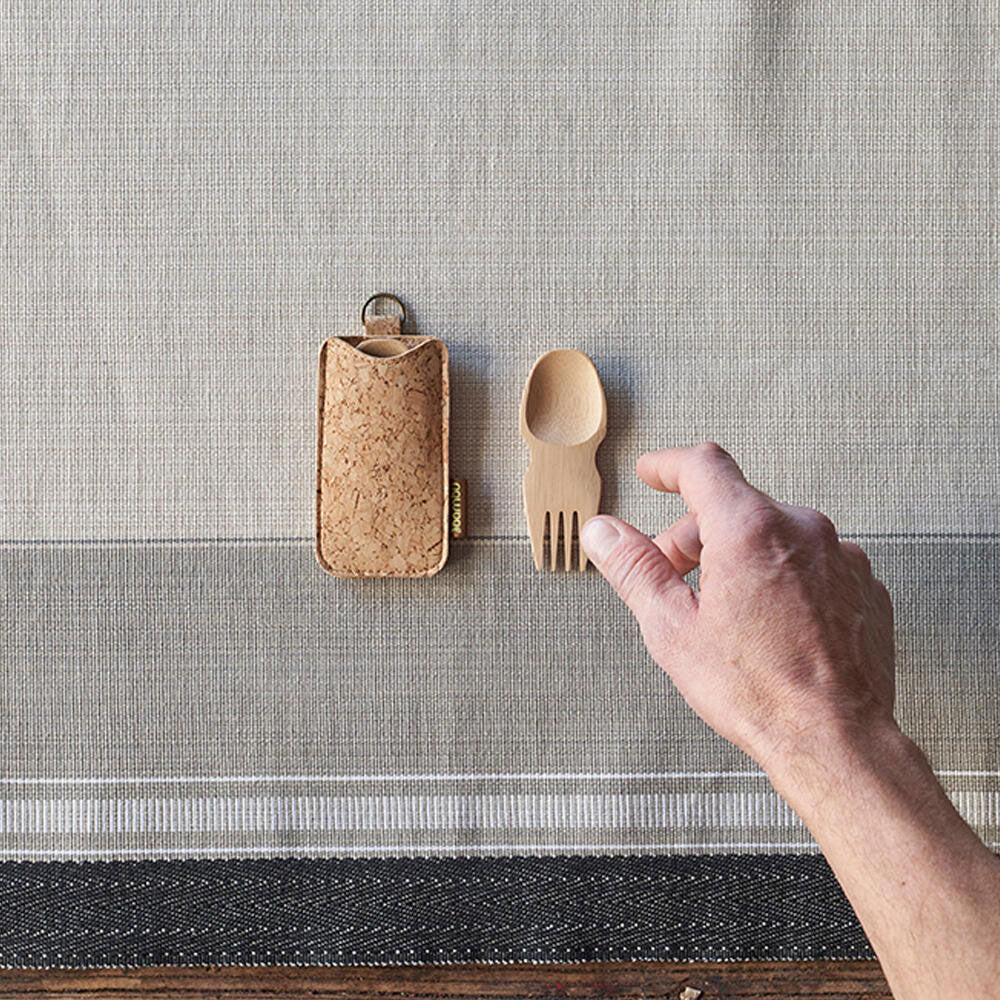 Bambu Bamboo Spork & Cork Case pictured on linen tablecloth