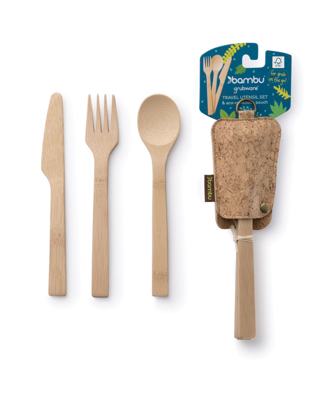 The Bambu Bamboo Utensil Travel Set with Cork Fabric Pouch pictured next to its contents of a bamboo knife, fork and spoon.