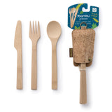 The Bambu Bamboo Utensil Travel Set with Cork Fabric Pouch pictured next to its contents of a bamboo knife, fork and spoon.