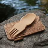 The Bambu Bamboo spork shown resting on the cork case included.