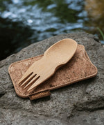 The Bambu Bamboo spork shown resting on the cork case included.