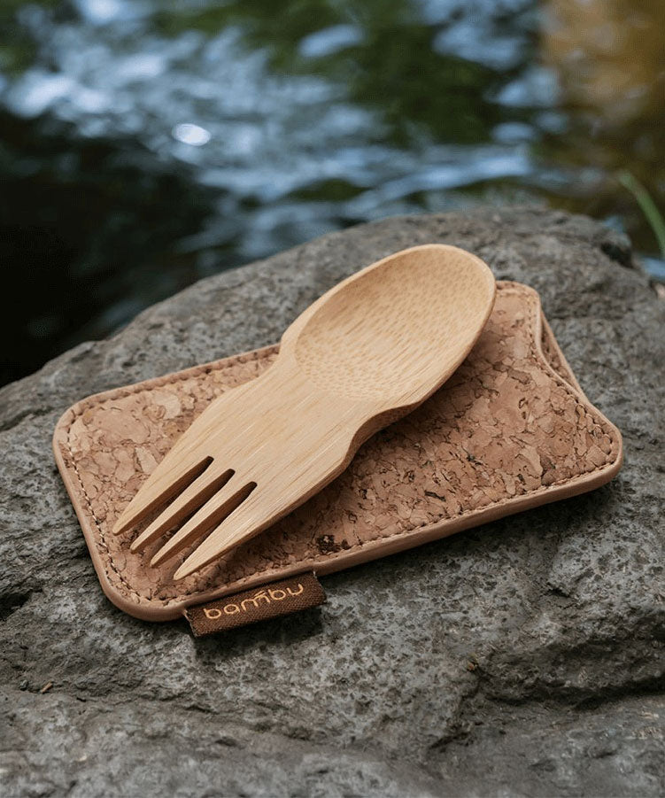 The Bambu Bamboo spork shown resting on the cork case included.