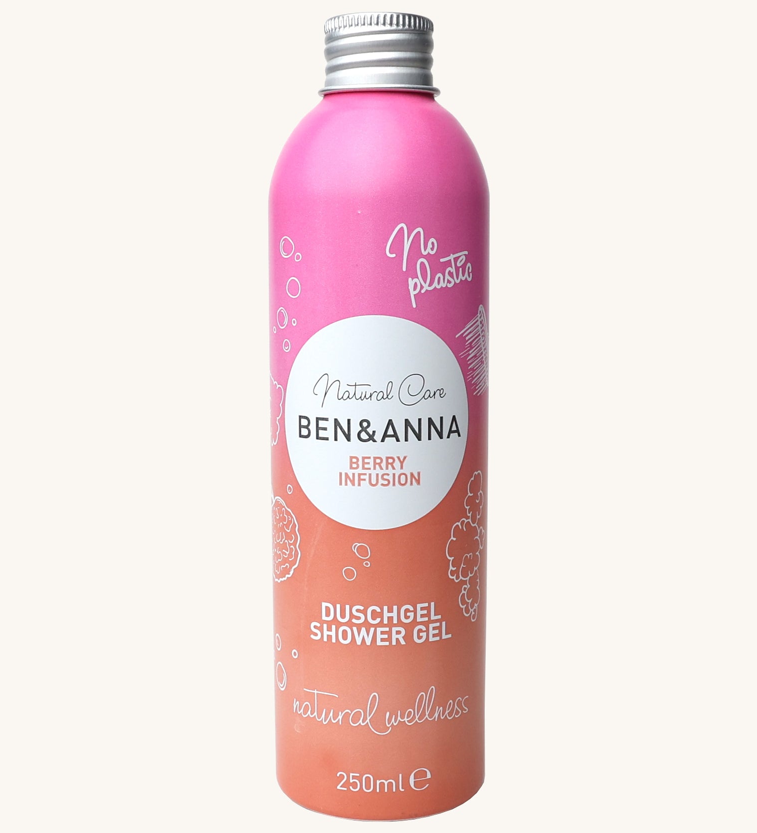 Ben and Anna shower gel in berry infusion fragrance showing the playful design on a pink and orange gradient aluminium bottle