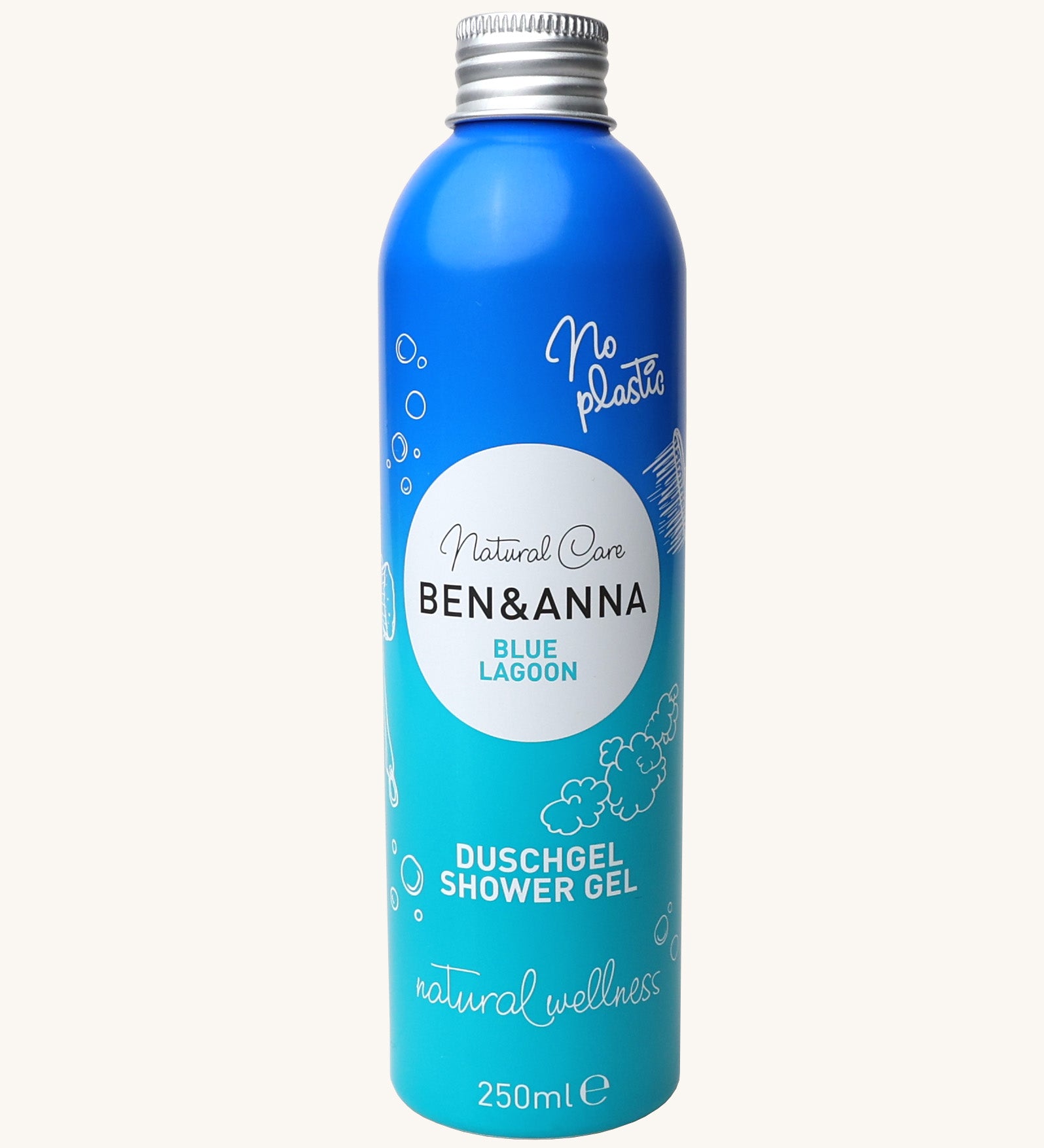 Ben and Anna shower gel in blue lagoon fragrance showing the playful design on a blue gradient aluminium bottle