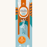 Ben & Anna orange and cinnamon toothpaste showing a orange stripes with blue waves design on the packaging with a playful smile slogan in white in the middle