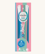 Ben & Anna coco mania toothpaste showing a blue, pink and green striped design on the packaging with a playful smile slogan in white in the middle