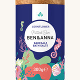 Ben & Anna cornflower bath salts showing the cork packaging with a under the sea design wrapped around the tub.