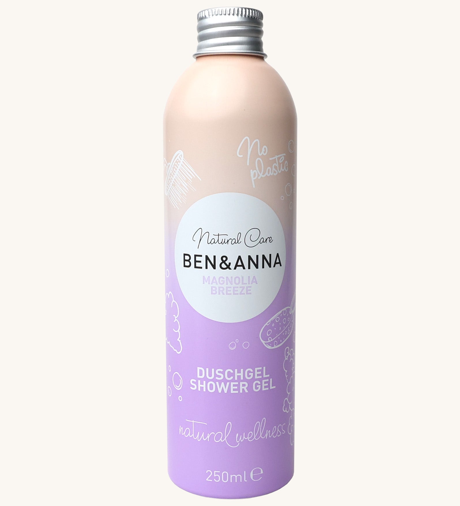 Ben and Anna shower gel in magnolia breeze fragrance showing the playful design on a lilac and peach gradient aluminium bottle