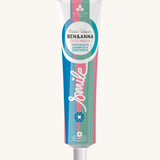 Ben & Anna certified 100% natural toothpaste in coco mania. Showing a blue, pink and green striped design on the tube. Features a playful smile slogan in white in the middle.