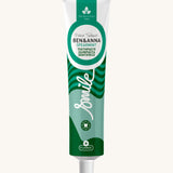 Ben & Anna certified 100% natural toothpaste in spearmint flavour. Showing a green striped and waves design on the tube. Features a playful smile slogan in white in the middle.