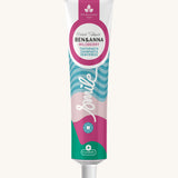 Ben & Anna Certified 100% natural toothpaste in wild berry flavour. Showing a blue stripe with pink and green wave design on the tube. Features a playful smile slogan in white in the middle.