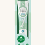 Ben & Anna white toothpaste showing a green wave design on the packaging with a playful smile slogan in white in the middle