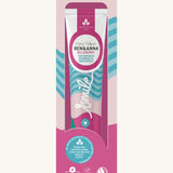 Ben & Anna wild berry toothpaste showing a blue stripe with pink and green wave design on the packing. Features a playful smile slogan in white in the middle.