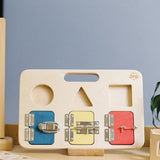 Big Future Toys wooden latch board on its stand on a wooden table next to an abacus in front of a grey wall