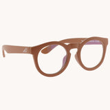 Bird Eyewear Kid's Birdies Light Blue Lenses Glasses - Coral. 100% UV protection to UV400 sunglasses on a cream background
