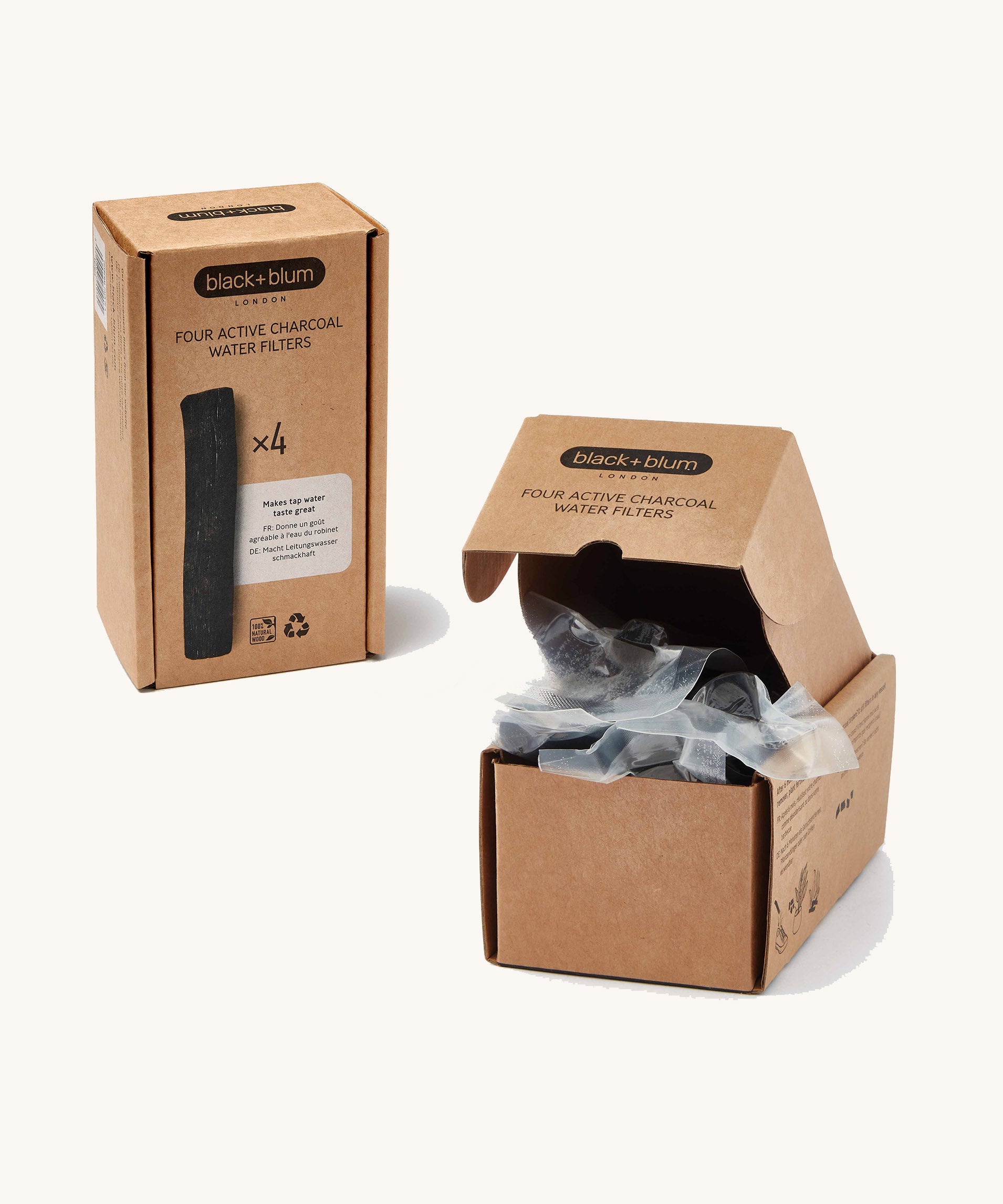 A close up of the brown cardboard packaging Black+ Blum active charcoal filters showing the filter detail